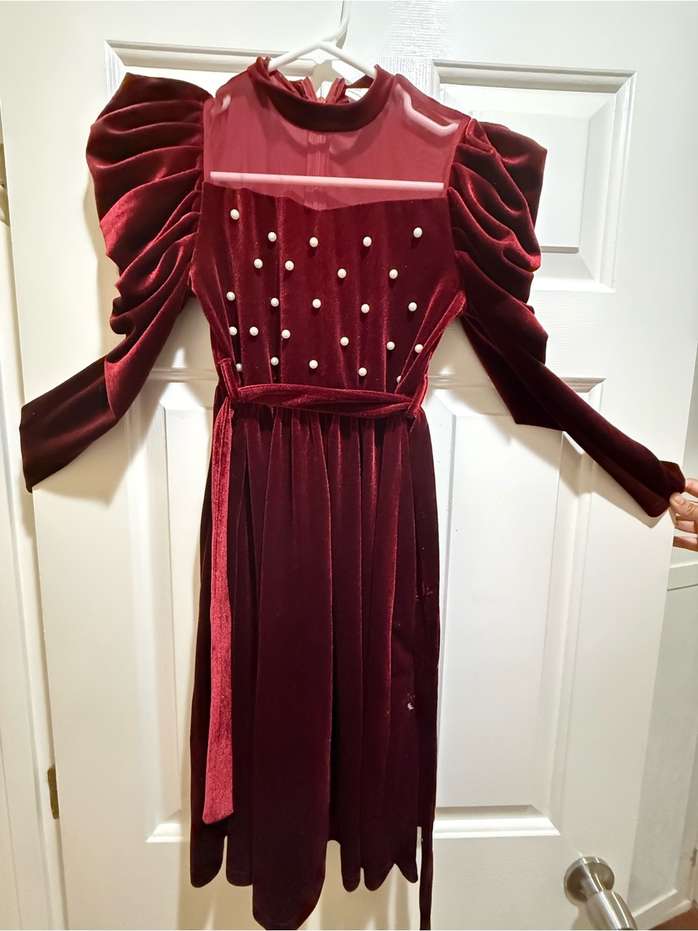 Brand new Girls Burgundy Velvet Pearl Dress - 10